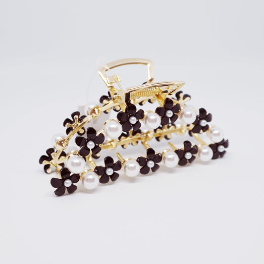 Black Daisy & Pearl Gold Hair Clip