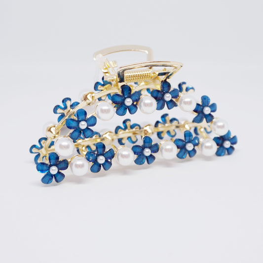 Blue Daisy & Pearl Gold Hair Clip