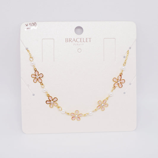Pink Daisy & Pearl Silver Bracelet