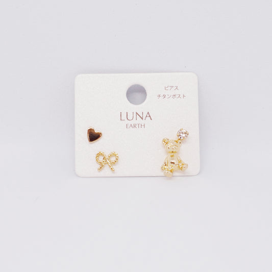 Bear x Ribbon Set Gold Earrings